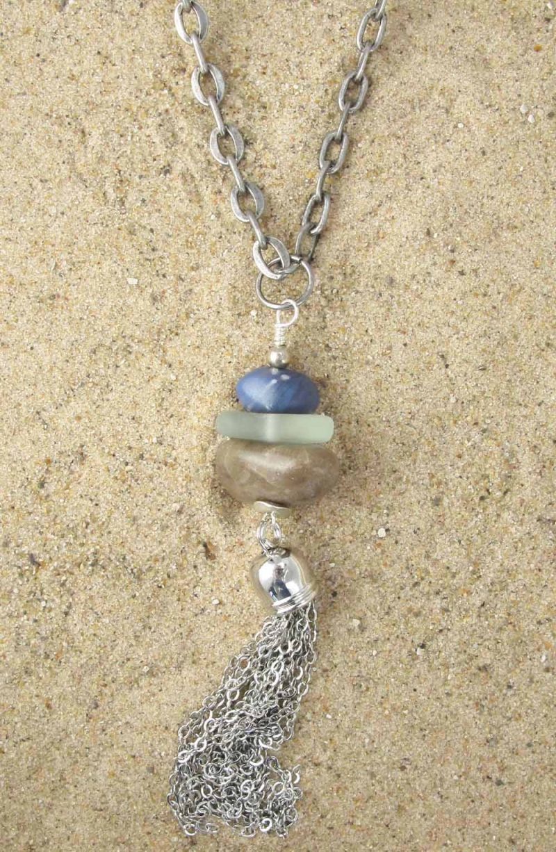 Long Necklace in Trio of Blue, Petoskey and Beach Glass
